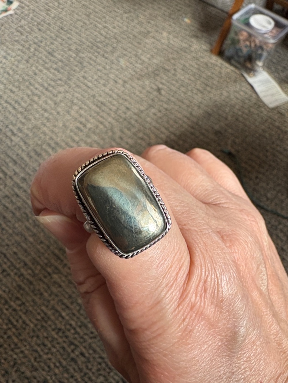 Pyrite ring in 925 silver plated setting Sz 9